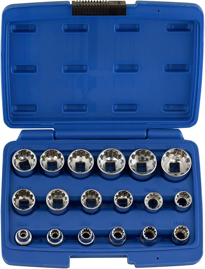 NEIKO 02488A 3/8" Drive Universal 6 Point Metric Socket Set, 18 Piece Universal Mechanic Spline & SAE, Cr-V Steel Low Profile, Spline Bit, 3/8