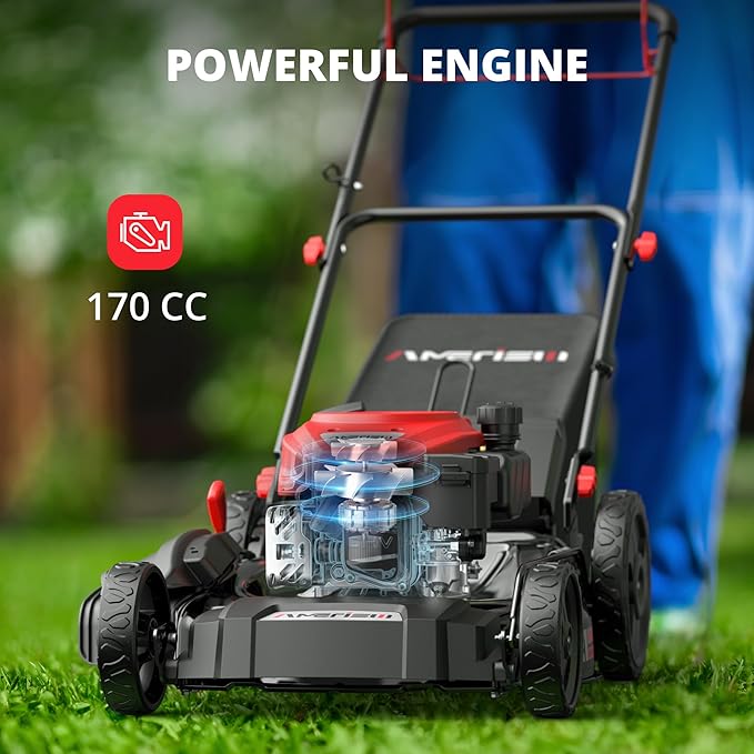 AMERISUN Gas Lawn Mower, 21" Self-propelled Lawn Mower, 170cc OHV Engine with Forced Air Cooling, 3-in-1 Mulching/Bagging/Side Discharge, 6 Cutting Heights, 1.4-Bushel Grass Catcher