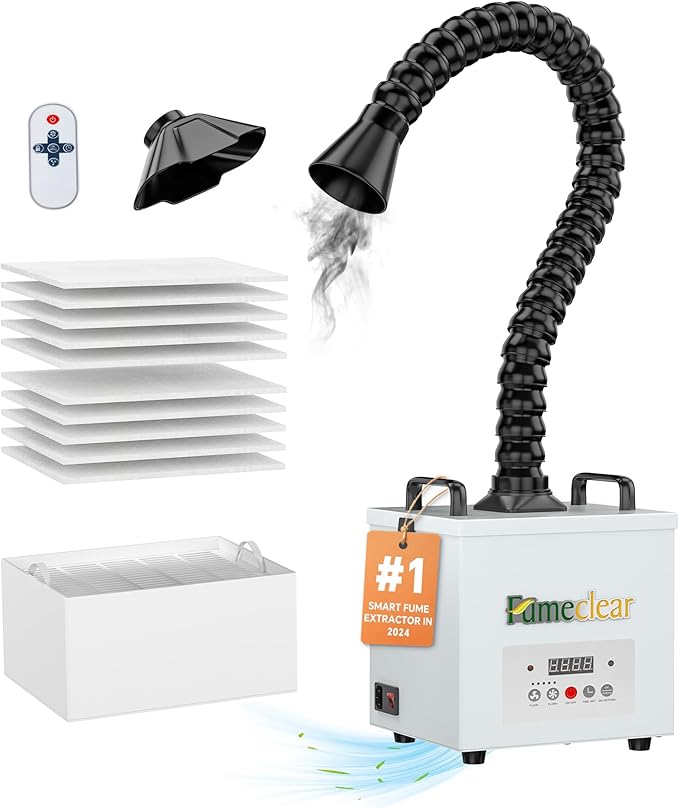 FumeClear Laser Fume Extractor - Powerful 100W Suction 200m³/h, With Remote Digital Display, 3-Stage Filtration System with 12PCS Filters for Laser Welding Smoke Absorption and Desktop Soldering