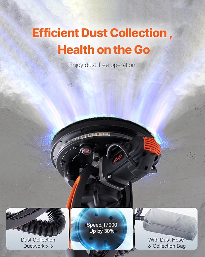 VEVOR Wall Smoother, 900W Electric Tool with 12 Sanding Discs, 800 to 1800 RPM Speed, 3 Vacuum Hoses, Collapsible for Ceiling Use, Dual LED Lights, Telescoping Handle, and Built-in Dust Collector