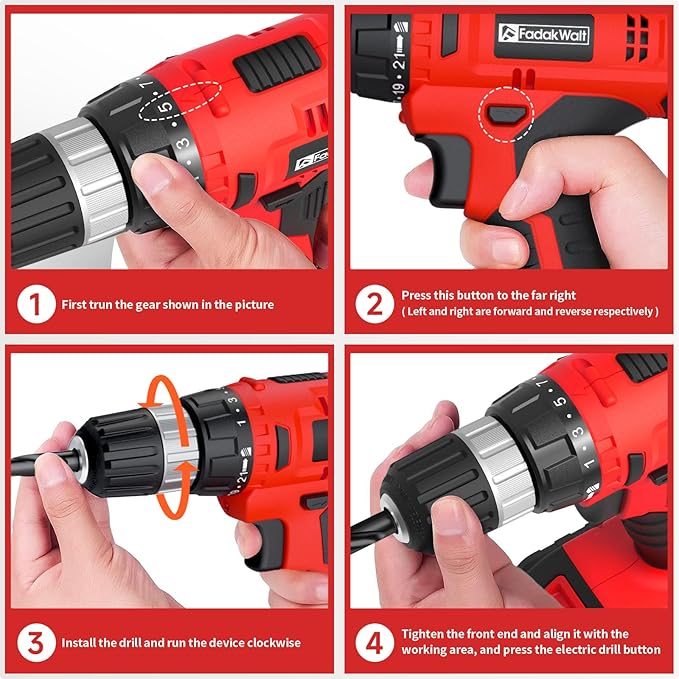 FADAKWALT Cordless Drill Set, 20V Electric Power Drill With Battery And Charger, 30N Torque, 21+1 Settings, 3/8-Inch Keyless Chuck, Driver Bits Kit, LED Light (Red）
