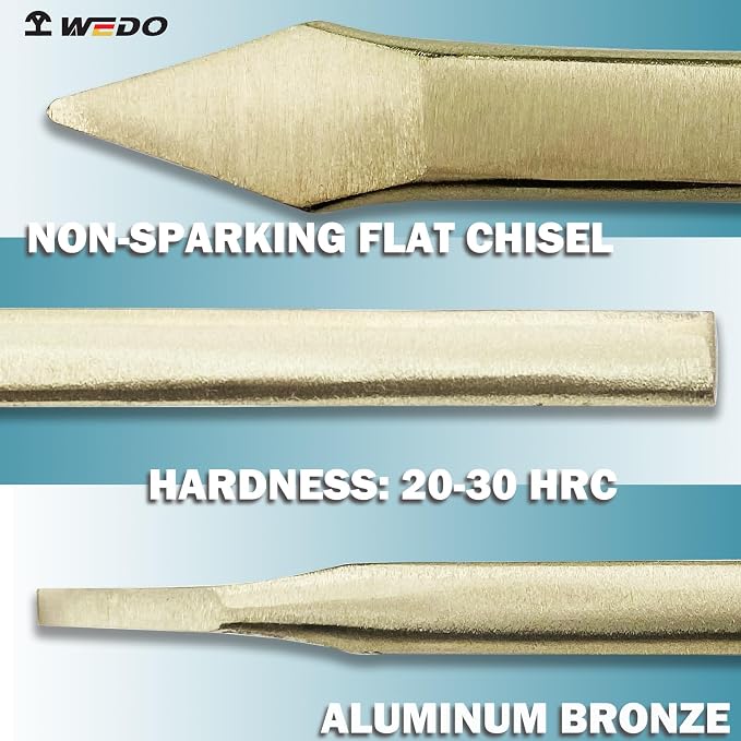 WEDO Non-Sparking Flat Chisel Pointy Head,Cold Chisel,Aluminum Bronze,4x7x200mm,BAM & FM Certificate,Cone Chisel for Carpentry, Metalwork, Woodwork & Masonry work