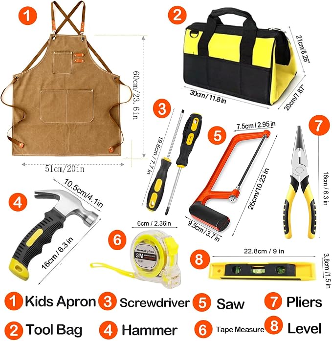 38-Piece Kids Real Tool Set with Tool Bag & Woodworker Apron, Hand Saw, Children Construction Tools for Ages 6+, Boys & Girls Birthday Gift for DIY Building and Woodworking