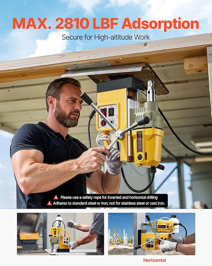 VEVOR Magnetic Drill, 1200W Motor 1.6 in Boring Diameter, 2810 lbf Electric Mag Drill Press, with 2 Coring Bits, Variable Speed, Drilling Machine for Metal Surface, Home Improvement Industry, Yellow