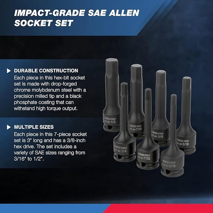 NEIKO 01131B 3/8-Inch-Drive Allen Socket Set, 3-Inch Length, 3/8-Inch Impact Hex-Bit Socket Set, SAE Hex Driver 3/16" to 1/2", CrMo Steel, Impact-Grade, 7-Piece Set