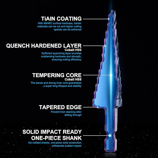 GRENPRO Step Drill Bit, 1/8"-1/2" Four Spiral Flute Cobalt Step Drill Bit, 1/4" Hex Shank Step Bit for Stainless Steel, Metal, Aluminum, Copper,Aluminum, Wood, PVC