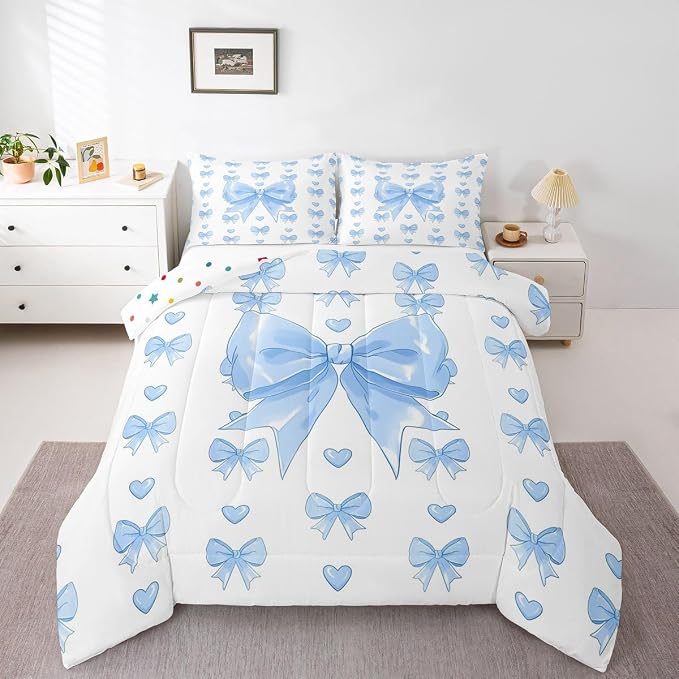 Feelyou Cute Blue Bowknot Kids Comforter Set King Size Love Hearts Bow Bedding Set Girly Bow Duvet Quilt for Kids Boys Girls Bedroom Decor Microfiber Ultra Soft Breathable