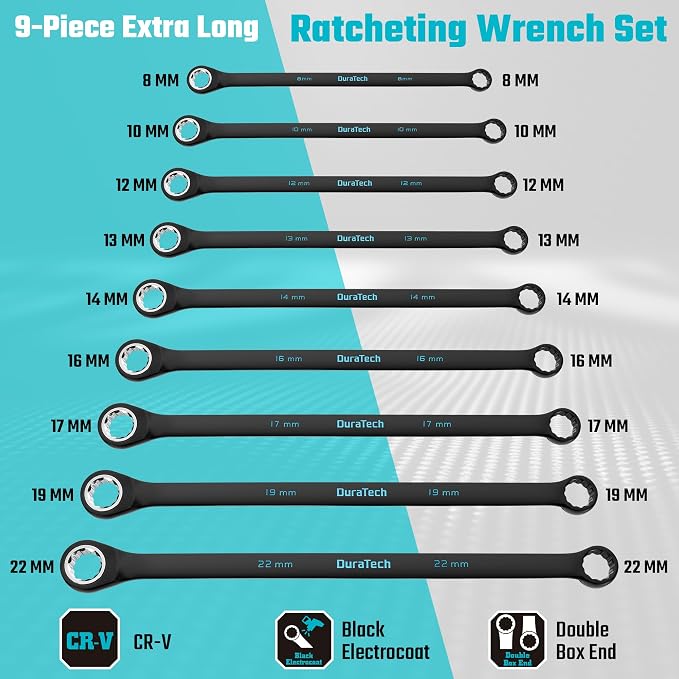 DURATECH Extra Long Ratcheting Wrench Set, Double Box End, Metric, 9-Piece | 8mm-22mm, CR-V Steel, Black Electrocoat, Blue Size Markings, Corrosion Resistance, for Narrow Spaces, with EVA Foam Organizer