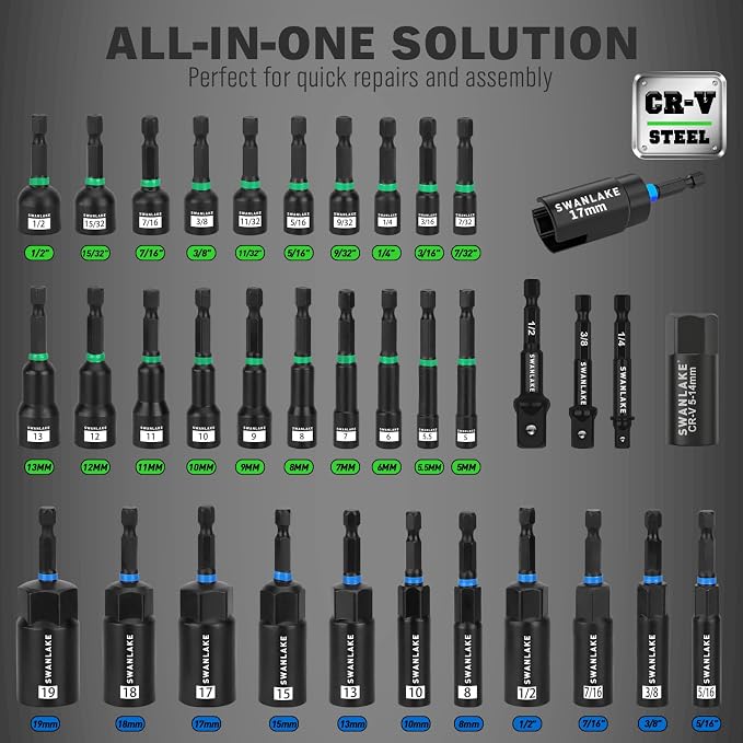 74-Piece Magnetic Nut Driver Set for Impact Drill Metric & SAE, Impact Socket Adapter, Power Bits with Magnetic Holder, Wing Nut Driver, Universal Socket, 1/4'' Quick-change Bit Extension