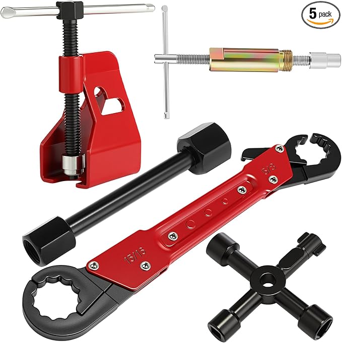 5 Pcs Angle Stop Wrench Kit Plumbing Tool, Compression Sleeve Puller for 1/2" Compression Fittings, Ferrule Puller Removal Tool for 1/2" Copper Tubing Nut, 4-way Multi-functional Utility Key