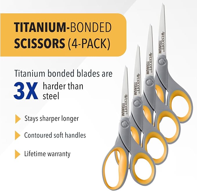 Westcott 8-Inch Titanium Bonded Scissors for Home, Office, and Classroom - Perfect for Cutting Paper, Sewing, and Crafts - Heavy-Duty Design with Soft Handle - Gray/Yellow - 4-Pack