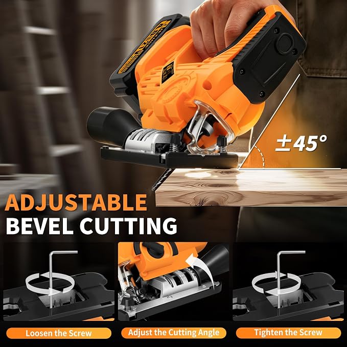 JEXUGK Cordless Jigsaw, 21V Power Jig Saw with 2 x 4.0Ah Batteries, 4 Orbital Settings, ±45° Bevel Cuts, 3200 RPM Variable Speed Jigsaw Tool with 12 Blades, Jigsaw Cutter for Wood Metal Cutting