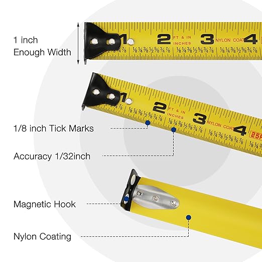 WORKPRO Pink Auto-Lock Tape Measure, 25FT 1/8 Fractions Easy Read Measuring Tape, Double Retract Measurement Tape Accuracy 1/32 for Engineer,with Magnetic Hook, Rubber Protective Casing - Pink Ribbon