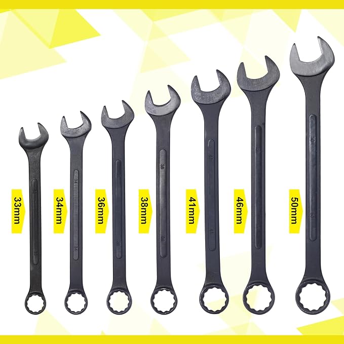 7PC Jumbo Combination Wrench Set, Metric, 33, 34, 36, 38, 41, 46, 50mm | 7PC Jumbo Combination Wrench Set, Metric, Extra Large Combination Wrench Sets, Black Oxide Finish with Pouch (7PC-Metric)