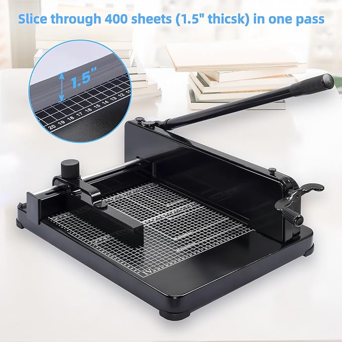 ISDIR Heavy Duty Guillotine Paper Cutter, 12” A4 Stack Paper Trimmer, Cuts Up to 400 Sheets, All-Steel Base with Safety Lock, Professional Paper Cutter for Office, School & Print Shop