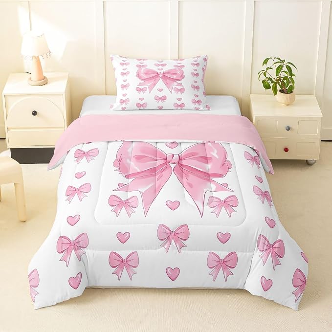 Feelyou Cute Pink Bow Bedding Set Soft for Boys Girls, Love Hearts Bowknot Comforter Set Twin Size Duvet Quilt Microfiber Bedroom Decor 2 Pcs with 1 Pillow Cases
