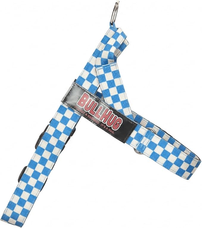 Adjustable Dog Harness– No Pull, No Choke – for English Bulldogs, French Bulldogs, Pugs & Broad-Chested Breeds – Easy, Safe Walks (Blue Checkers, XL)