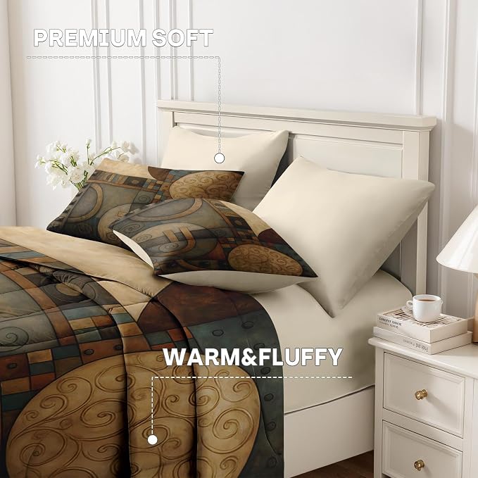 Nesker Comforter Set Twin Size, Geometry Vintage 5 Pcs Bedding for Kids and Adults, Abstract King Retro Tribe Bed Sheet Sets with Fitted Sheet Pillowcase & Sham