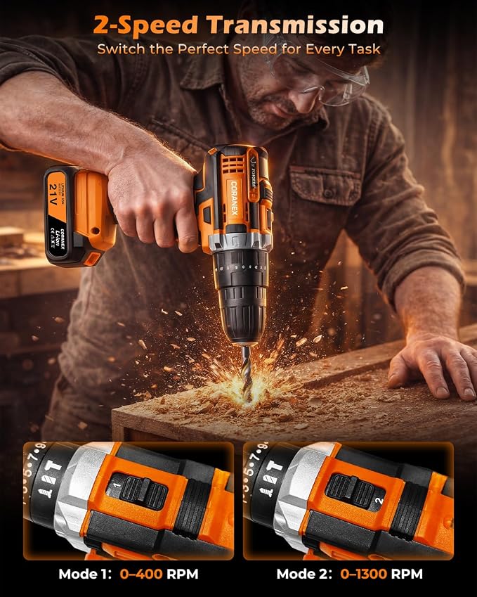 21V Cordless Drill Set with Case | Easy to Control & Lightweight | 2 Batteries | 3/8" Keyless Chuck | For Home Repair & Furniture Assembly
