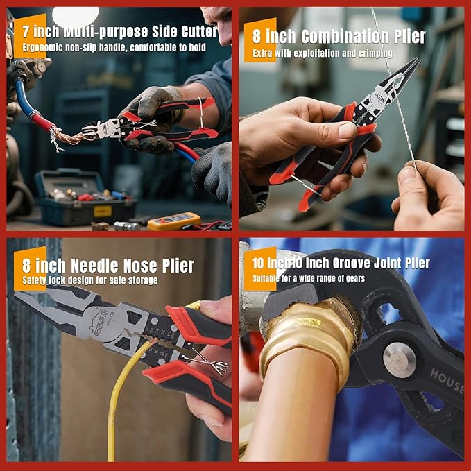 8 PCS Pliers Set with Case for DIY & Home Use | 10” Slip Joint, 8.3” Long Nose, 8.3” Linesman, 7.5” Diagonal, 6” Flush Cutter, 5” Long Nose, 5” Cutter, 25mm Rubber Mallet