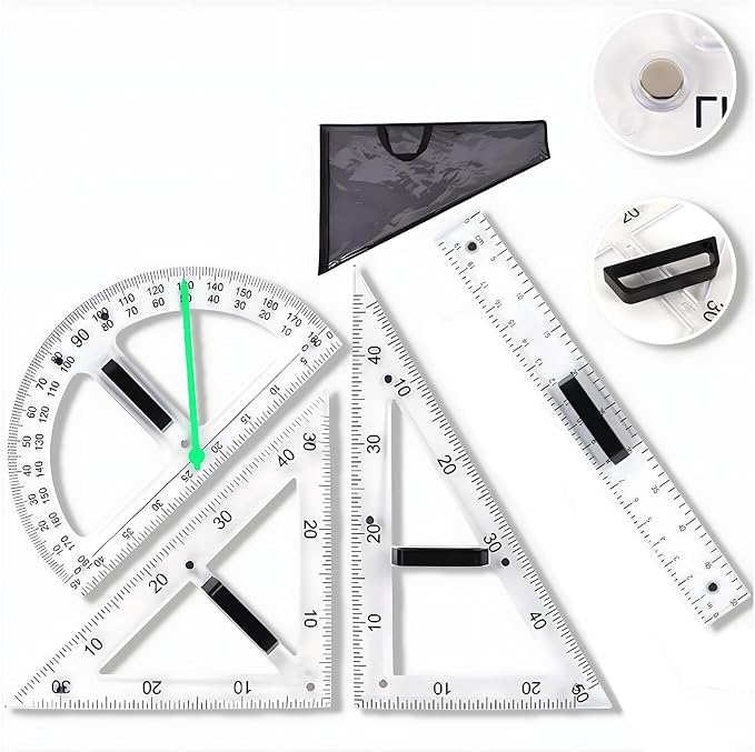 Magnetic Teaching Ruler Set with Multi-Functional Geometry Tools Durable ABS Plastic for Whiteboard Classroom Projects Student Teacher Math Supplies (Clear 4pcs)