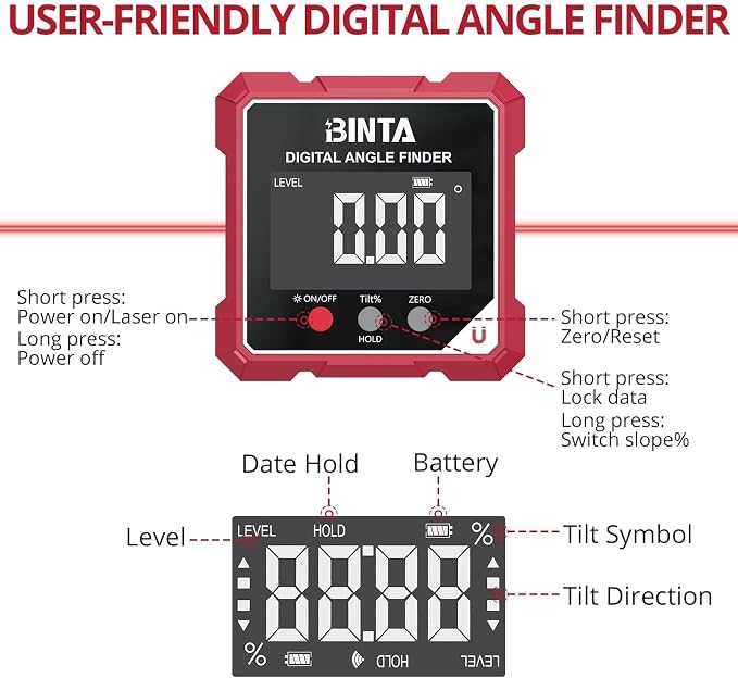 BINTA Digital Angle Finder with Laser, 4-side Magnetic Digital Angle Gauge, USB-C Rechargeable IP54 Waterproof Inclinometer, Table Saw Miter Protractor Laser Level for Woodworking Construction DIY