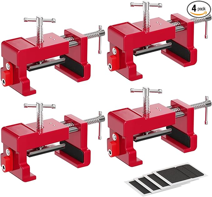 Cabinet Clamps, Cabinet Installation Cabinetry Clamps Face Frame Clamps Tools with Two Side Screws and Alignment Plate, 4 Pack, Red