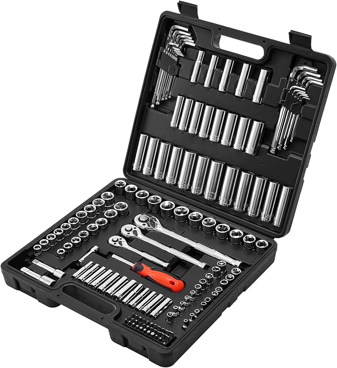 VEVOR Socket Set, 149 Pieces, 3/8 & 1/4 & 1/2 inch Drive Socket and Ratchet Set, SAE and Metric, Deep and Shallow, Mechanic Tool Kit with Bits, Accessories, Storage Case, CR-V Alloy Steel, for Repair | CR-V, SAE and Metric, Deep and Shallow, Tool Set w...