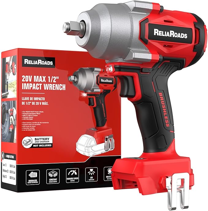 ReliaRoads 900 Ft-lbs Cordless Impact Wrench, 1/2 Inch Impact Gun Compatible MilWauke 18V Battery, Brushless Constant High Torque Impact Driver with 3 Speed, Tool Only (No Battery Included)