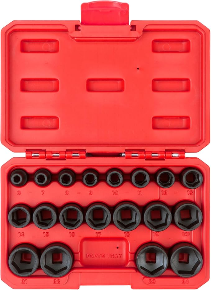 TEKTON 3/8 Inch Drive 6-Point Impact Socket Set, 19-Piece (6-24 mm) - Case | SID91302 | (6 - 24 mm), Shallow, 6-Point, Case