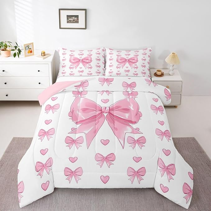 Feelyou Cute Pink Bow Bedding Set Soft for Boys Girls, Love Hearts Bowknot Comforter Set Queen Size Duvet Quilt Microfiber Bedroom Decor 3 Pcs with 2 Pillow Cases