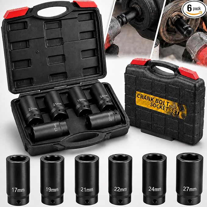 1/2" Drive Weighted Crank Bolt Socket Set, 17MM, 19MM, 21MM, 22MM, 24MM 27MM, Harmonic Balancer Socket Set, Weighted Deep Impact Socket Set, 3 Times Momentum Power of Standard Impact Socket
