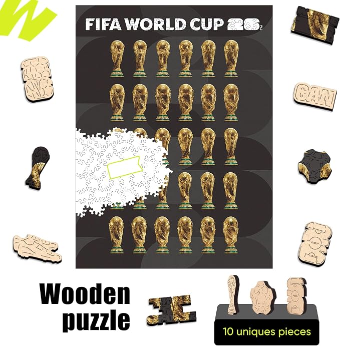 FIFA World Cup 2026 Wooden Jigsaw-Puzzle,Gift for Soccer Fan-360° Trophy | Official Licensed,5MM Thick Soccer puzzles,Long-Lasting Display sports memorabilia collector,300 Pieces Irregular Shape