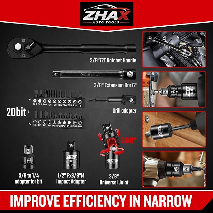ZHAX 3/8 Inch Drive 6 Point Impact Socket Set, 72 PCS Standard SAE(5/16"- 3/4") & Metric(8-22mm) With Spark Plug, Deep & Shallow, 72T Wrench Ratchet Tool Kit,Cr-V With Heavy Duty Storage Case