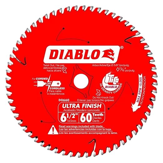 Diablo 6-1/2" x 60 Tooth Ultra Finish Circular Saw Blade - Clean Crosscuts and Rip Cuts in Wood Plywood and Melamine, Thin Kerf Design - D0660X