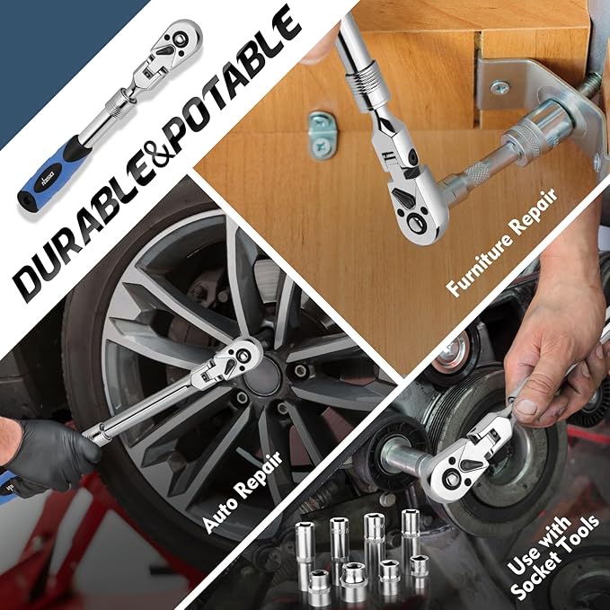 DISEN 3/8" Drive Extendable Ratchet,72-Tooth Flex-Head Ratchet Wrench with Quick Release Locking，Soft-Grip with Reversible Switch,Full-Polished Chrome Plating