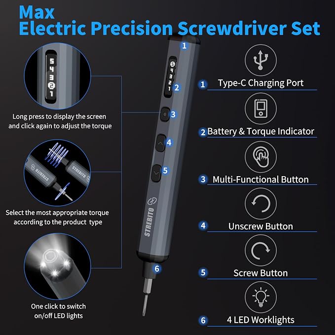 STREBITO Mini Electric Screwdriver Set, 70 in 1 Small Electric Screwdriver - 64 S2 Preicison Bits, 5 Torque Settings, 4 LED Lights, Mini Power Screwdriver Repair Tool Kit for PC Electronic (Upgraded)
