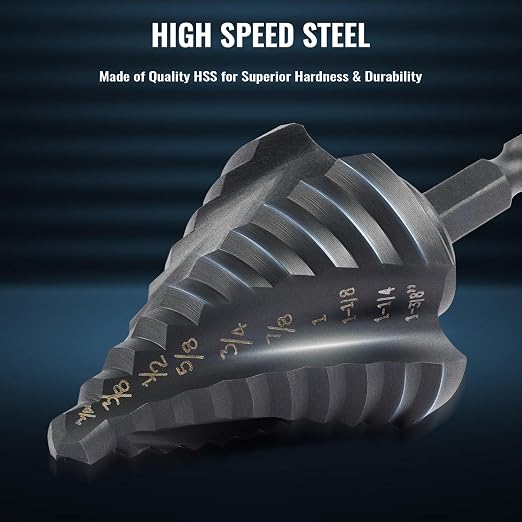 ZELCAN Step Drill Bit Set, 5PCS Four Spiral Flute Step Bits for Metal, 50 Sizes Titanium-Coated HSS Drill Bits with 1/4" Hex Shank for Stainless Steel Aluminum Wood Plastic