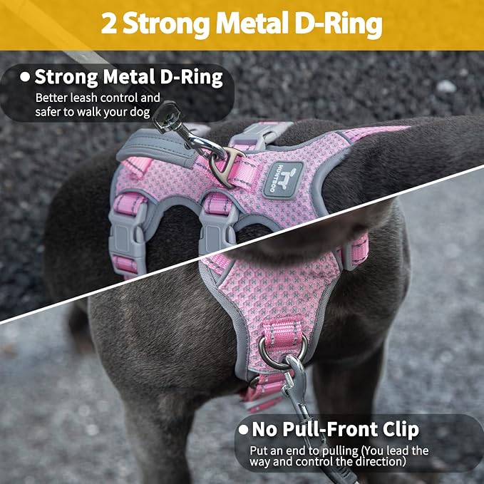 Escape Proof Dog Harness, No Pull Reflective Harness with Lift Handle, Adjustable Pet Vest with Front and Back Leash Clips for Small Medium Large Dogs Walking Hiking Training (Pink,XL)