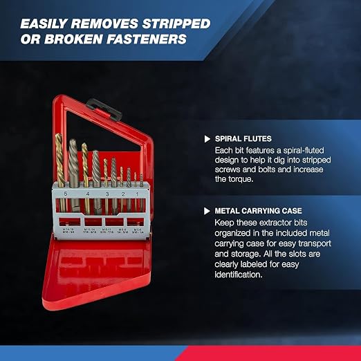 NEIKO 01925A Screw-Extractor And Left-Hand Drill-Bit Set, HSS M2 Steel Drill Bits, Alloy Spiral Flutes, Reverse Drill-Bit And Bolt Extractor, Easily Remove Stripped Screws And Broken Bolts, 10 Pieces