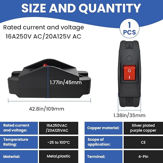 16A 220V Inline Cord Switch, On/Off Rocker Appliance Switch with LED Light, Waterproof Inline for High Power Lamps, Industrial Equipment & Home Appliances