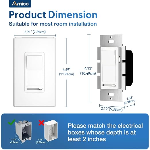 Amico Dimmer Light Switch, Single-Pole or 3-Way Slide Dimmer Switches for Led Lights, Suitable for 150W Dimmable LED/CFL and 600W Incandescent/Halogen, Wall Plate Included, ETL Listed, 6 Pack, White