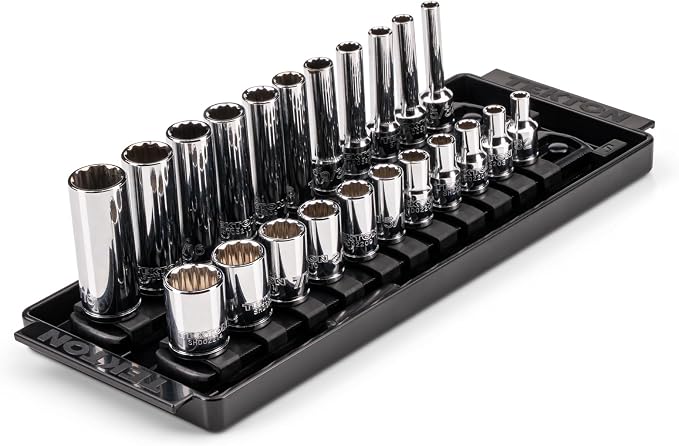 TEKTON 1/4 Inch Drive 12-Point Socket Set, 22-Piece | SHD90213 | (5/32 - 9/16 in.), Shallow and Deep, Socket Rail