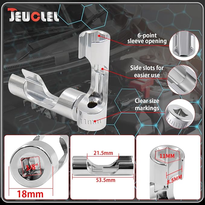 11mm 3/8" Drive Diesel Injector Fuel Line Socket, Flare Nut Wrench | Fastener Bent Pipes, Wired Temperature Sensors, EGT Sensor, Thermo Switches, ABS Tubes, Strut Nut Extractor