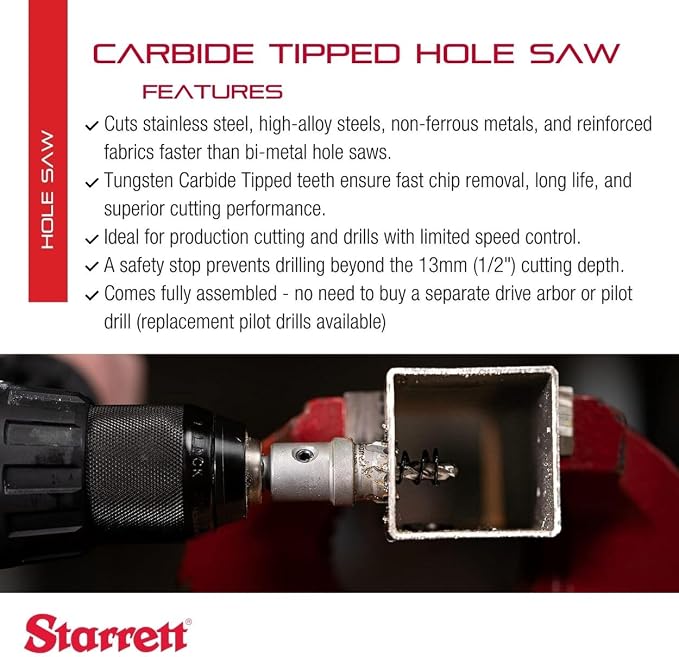 Starrett Tungsten Carbide Tipped Stainless Steel Sheet Metal Hole Saw - Ideal for Stainless, High Alloy Steel, Non-Ferrous Metals, Reinforced Fabrics - 3/4'' Diameter - SM19