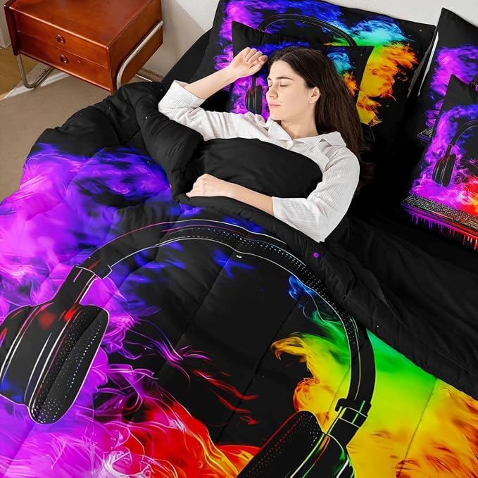 Erosebridal Gaming Keyboard Full Size Bed Sheets and Comforter Set | Gaming Headphones 7-Piece Bedding Set Watercolor Smoke Fire Bed in a Bag, Gamer Headset Bed Sets