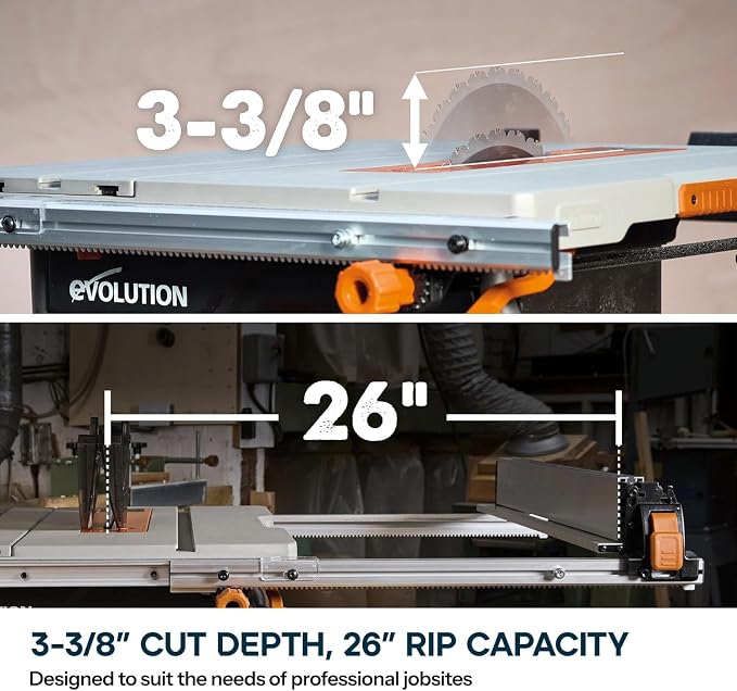 Evolution R10TBLX 10" Jobsite Table Saw with Wheeled Stand | Zero-Clearance Throat Plate | Dado Plate Included | 15A Motor | 26” Rip | 3-3/8” Cut | 0-45° Bevel | Precision Fence | Heavy Duty Portable