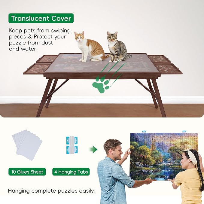 TEAKMAMA 27.6" H 1500Pcs Puzzle Table with Legs,4 Drawers for Adults,Brown | 34.3" W x 26.5" D Wood Folding Jigsaw Puzzle Board with Protective Cover