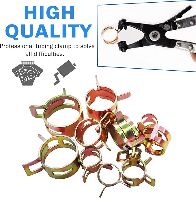 Tnisesm 121Pcs 6-22mm Spring Hose Clamp Assortment Kits with Swivel Flat Band Fuel Hose Clamp Plier, Silicone Vacuum Hose Action Pipe Clamp Low Pressure Air Clip Clamp for Hose Clamps