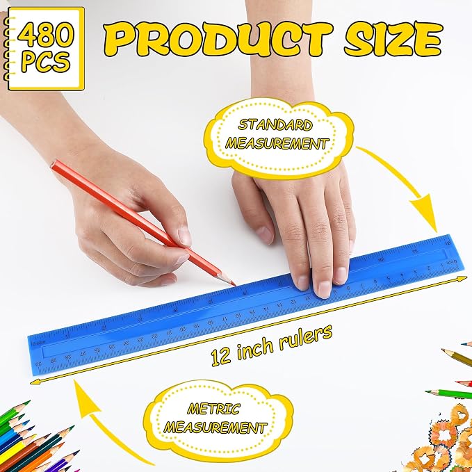 Harloon 480 Pack Clear Plastic Rulers Bulk for Classroom Back to School Supplies Transparent Flexible Rulers with Centimeters and Inches Measuring Tool for Classroom School Students(12 Inch)